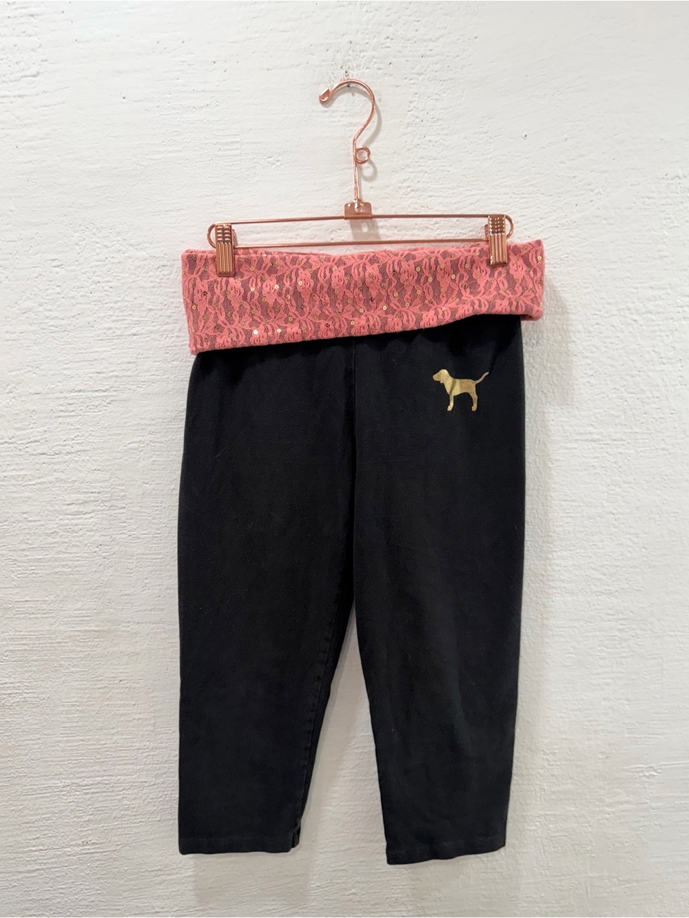 PINK Victoria’s Secret Yoga Capri Leggings Black Pink Lace Sequin Foldover Y2K